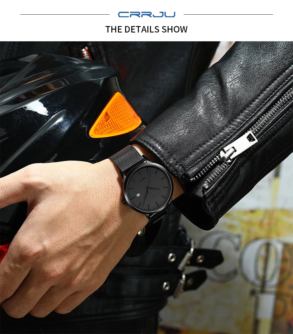 Crrju moda masculina relógios ultra fino relógio de quartzo masculino casual malha fina aço à prova dwaterproof água esporte relógio preto relogio masculino