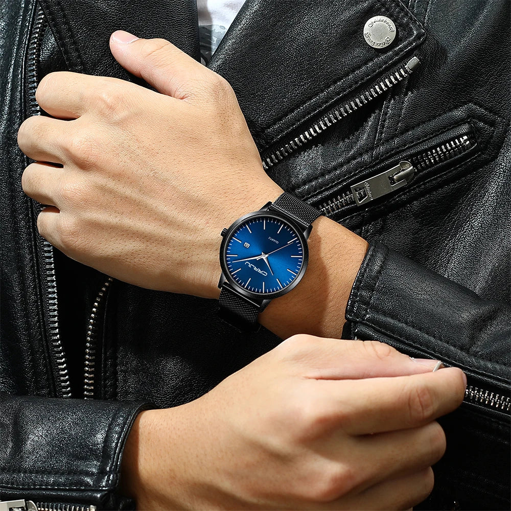 Crrju moda masculina relógios ultra fino relógio de quartzo masculino casual malha fina aço à prova dwaterproof água esporte relógio preto relogio masculino