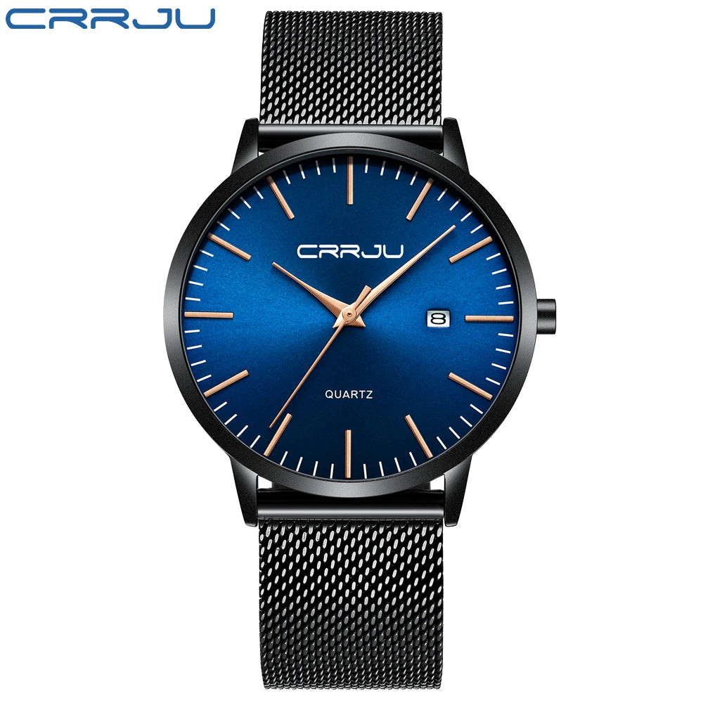 Crrju moda masculina relógios ultra fino relógio de quartzo masculino casual malha fina aço à prova dwaterproof água esporte relógio preto relogio masculino