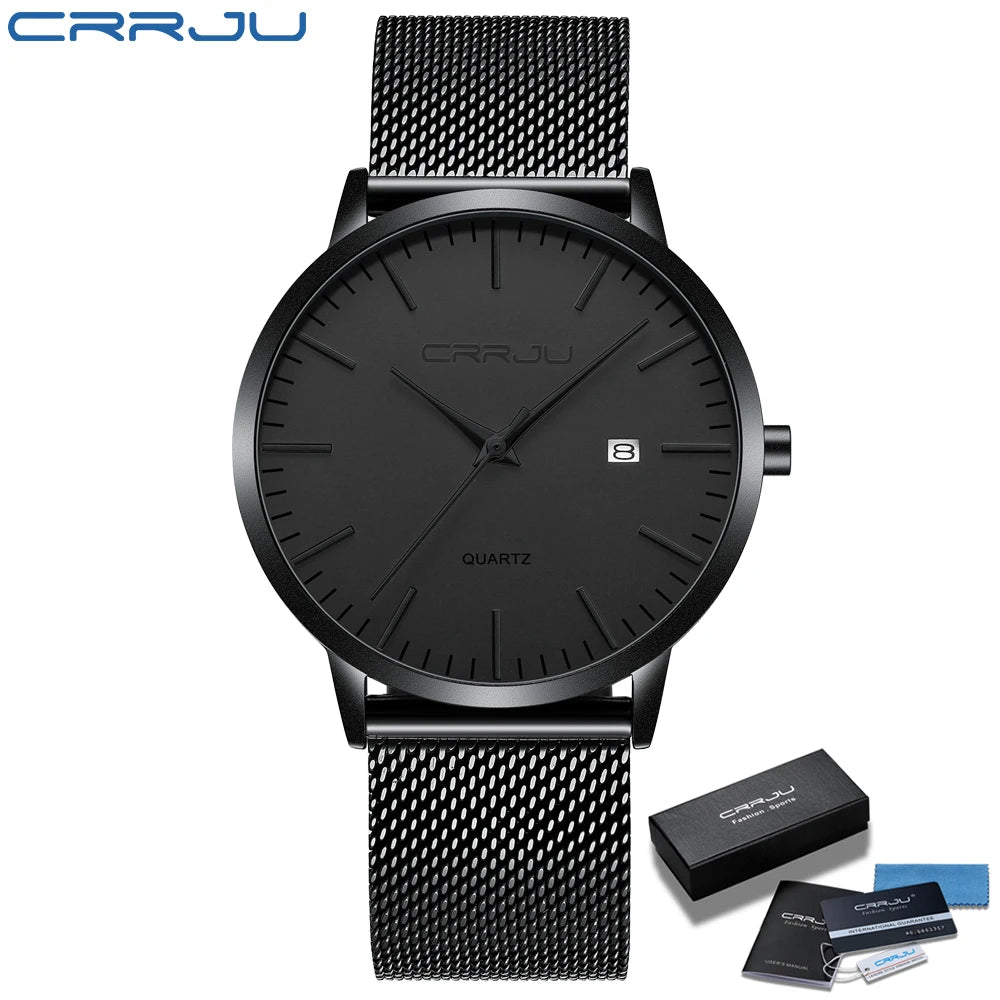 Crrju moda masculina relógios ultra fino relógio de quartzo masculino casual malha fina aço à prova dwaterproof água esporte relógio preto relogio masculino