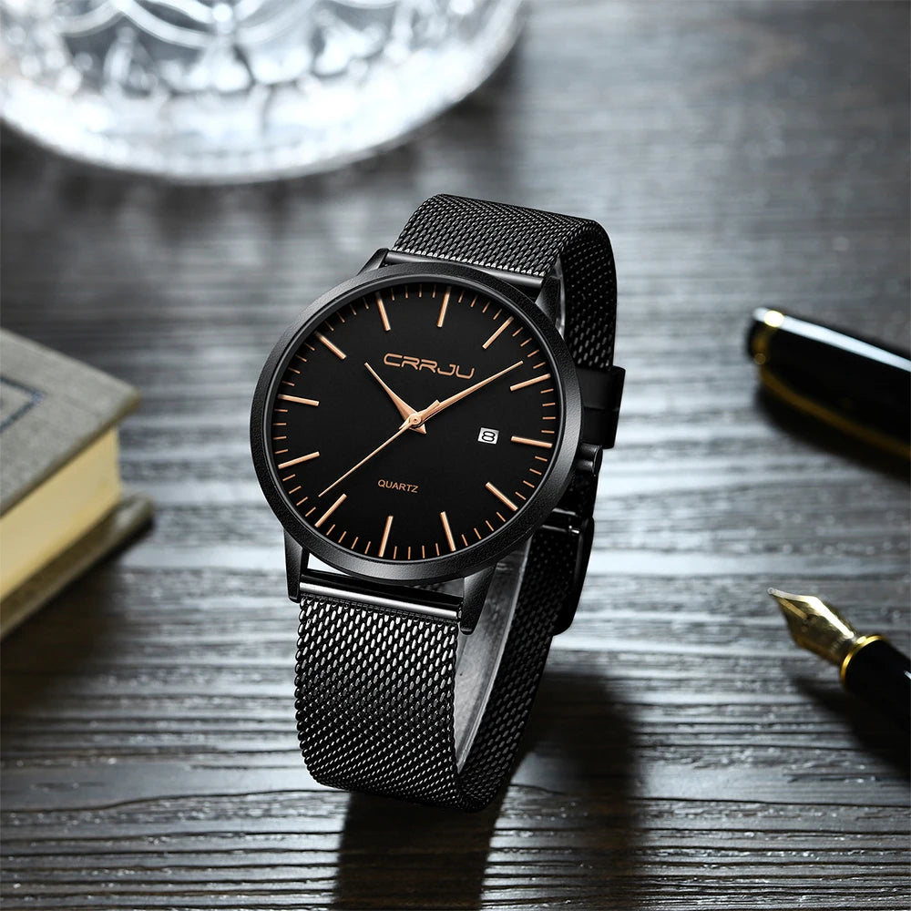 Crrju moda masculina relógios ultra fino relógio de quartzo masculino casual malha fina aço à prova dwaterproof água esporte relógio preto relogio masculino