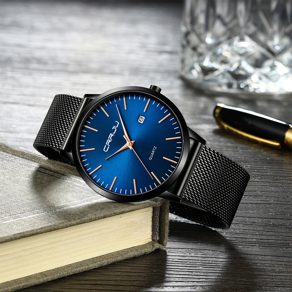 Crrju moda masculina relógios ultra fino relógio de quartzo masculino casual malha fina aço à prova dwaterproof água esporte relógio preto relogio masculino