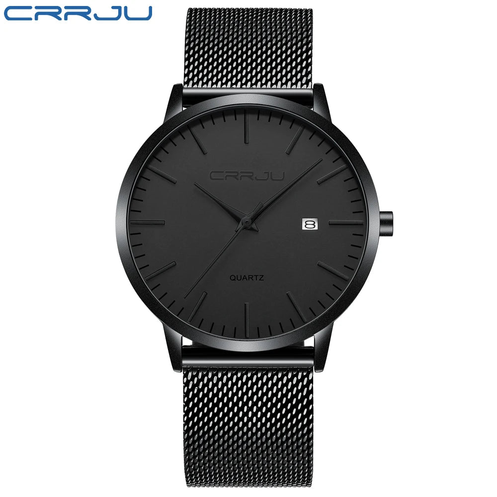Crrju moda masculina relógios ultra fino relógio de quartzo masculino casual malha fina aço à prova dwaterproof água esporte relógio preto relogio masculino