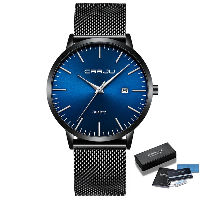 Crrju moda masculina relógios ultra fino relógio de quartzo masculino casual malha fina aço à prova dwaterproof água esporte relógio preto relogio masculino