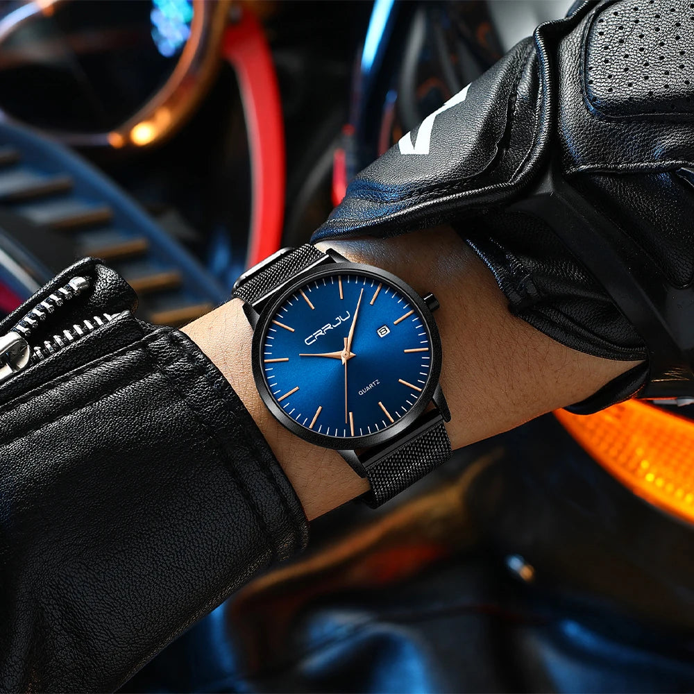 Crrju moda masculina relógios ultra fino relógio de quartzo masculino casual malha fina aço à prova dwaterproof água esporte relógio preto relogio masculino