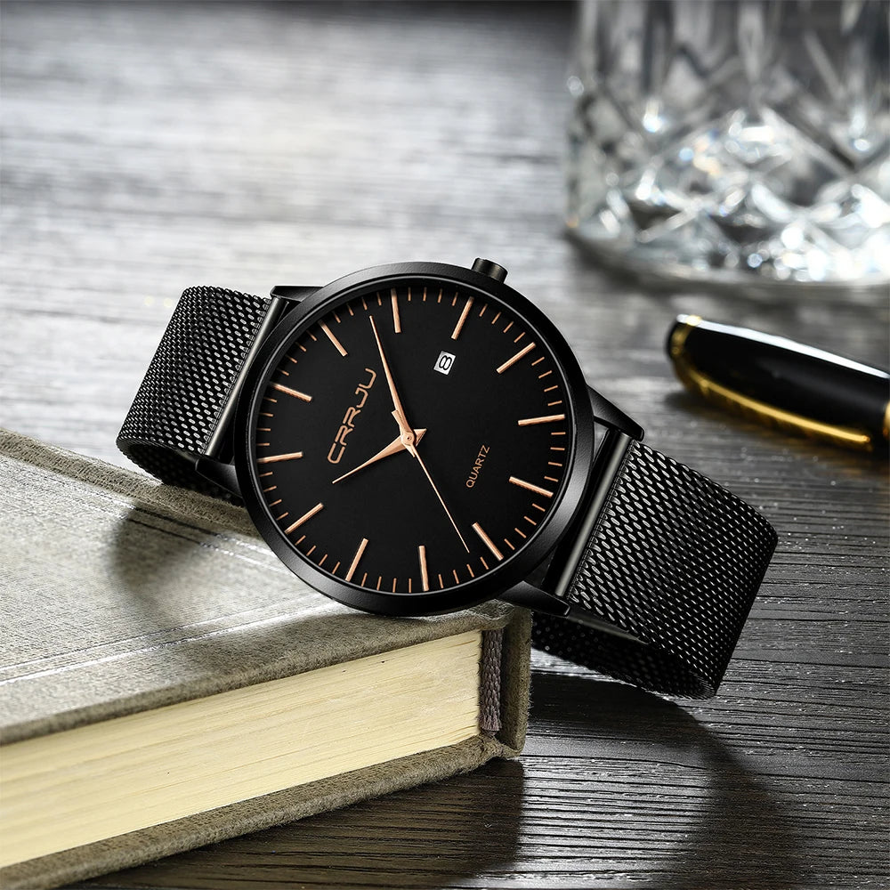Crrju moda masculina relógios ultra fino relógio de quartzo masculino casual malha fina aço à prova dwaterproof água esporte relógio preto relogio masculino