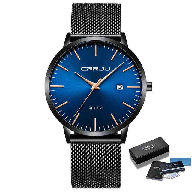 Crrju moda masculina relógios ultra fino relógio de quartzo masculino casual malha fina aço à prova dwaterproof água esporte relógio preto relogio masculino