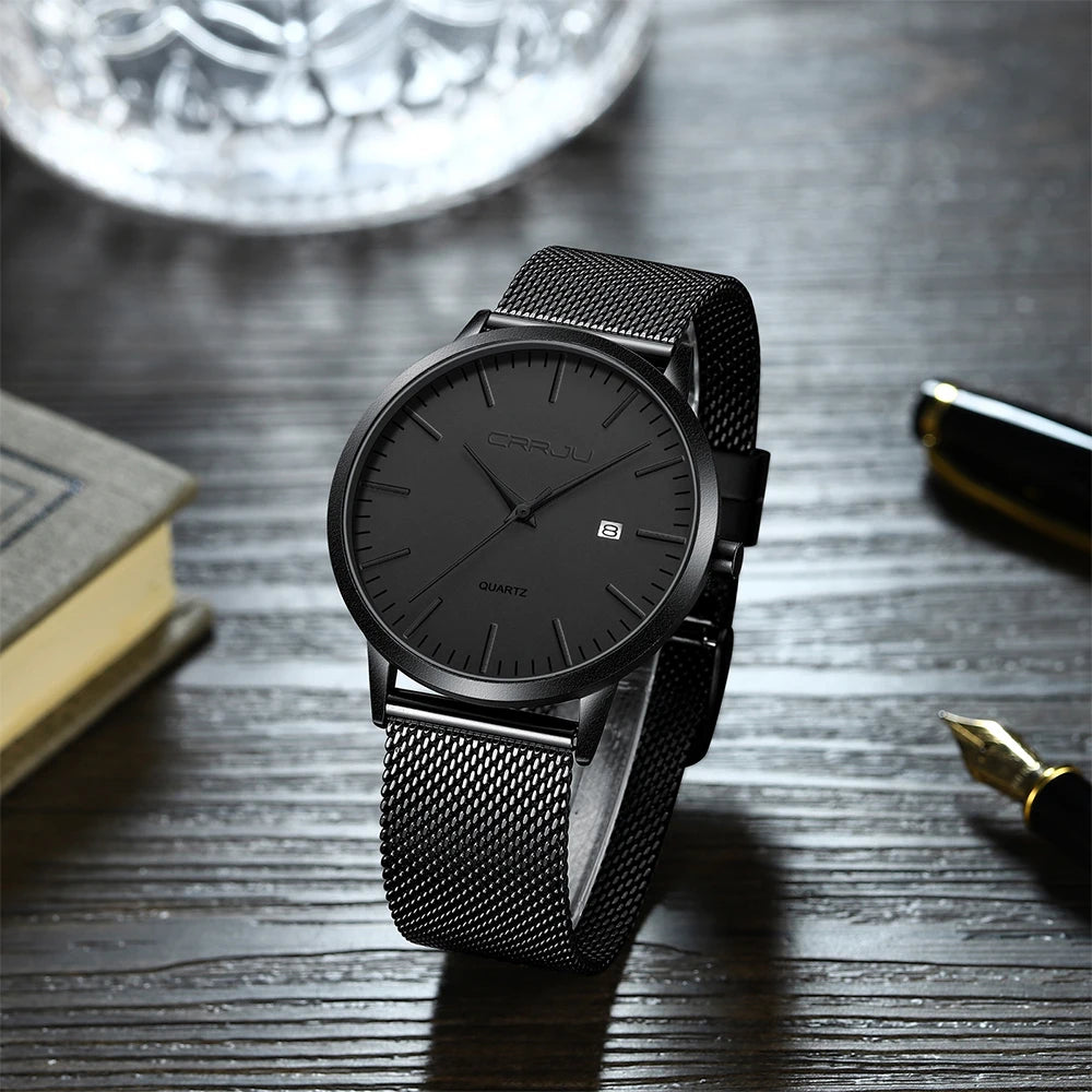 Crrju moda masculina relógios ultra fino relógio de quartzo masculino casual malha fina aço à prova dwaterproof água esporte relógio preto relogio masculino
