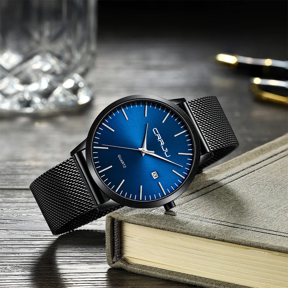 Crrju moda masculina relógios ultra fino relógio de quartzo masculino casual malha fina aço à prova dwaterproof água esporte relógio preto relogio masculino
