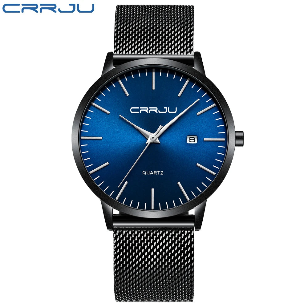 Crrju moda masculina relógios ultra fino relógio de quartzo masculino casual malha fina aço à prova dwaterproof água esporte relógio preto relogio masculino