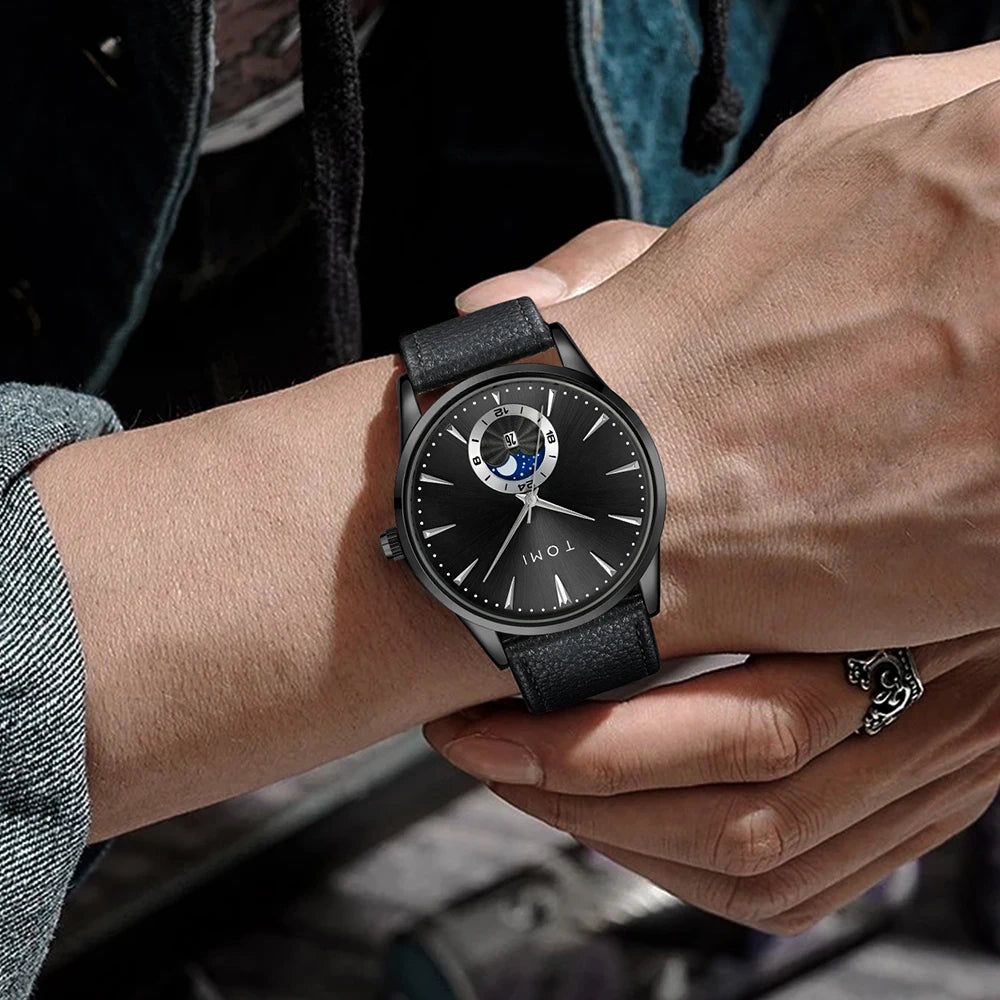 TOMI Homens Luxo Pulseira de Couro Relógio Negócios e Lazer Grande Mostrador Calendário Homens Relógio de Quartzo Relogio masculino
