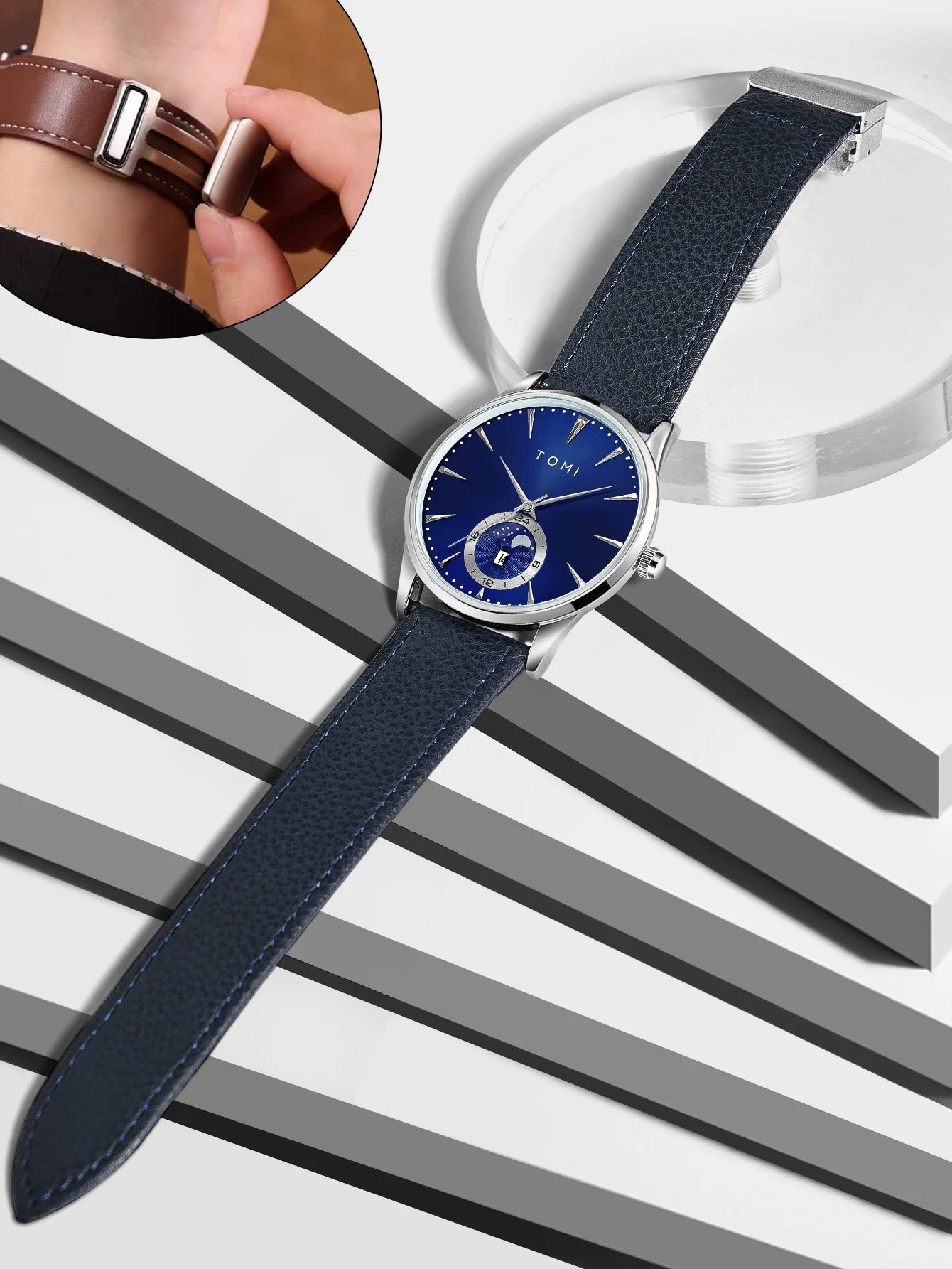 TOMI Homens Luxo Pulseira de Couro Relógio Negócios e Lazer Grande Mostrador Calendário Homens Relógio de Quartzo Relogio masculino