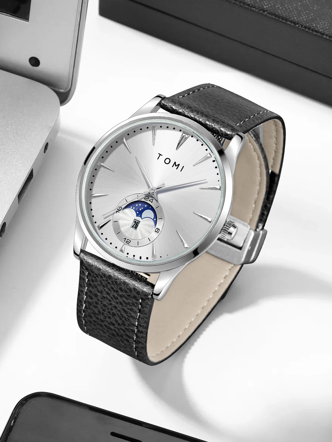 TOMI Homens Luxo Pulseira de Couro Relógio Negócios e Lazer Grande Mostrador Calendário Homens Relógio de Quartzo Relogio masculino
