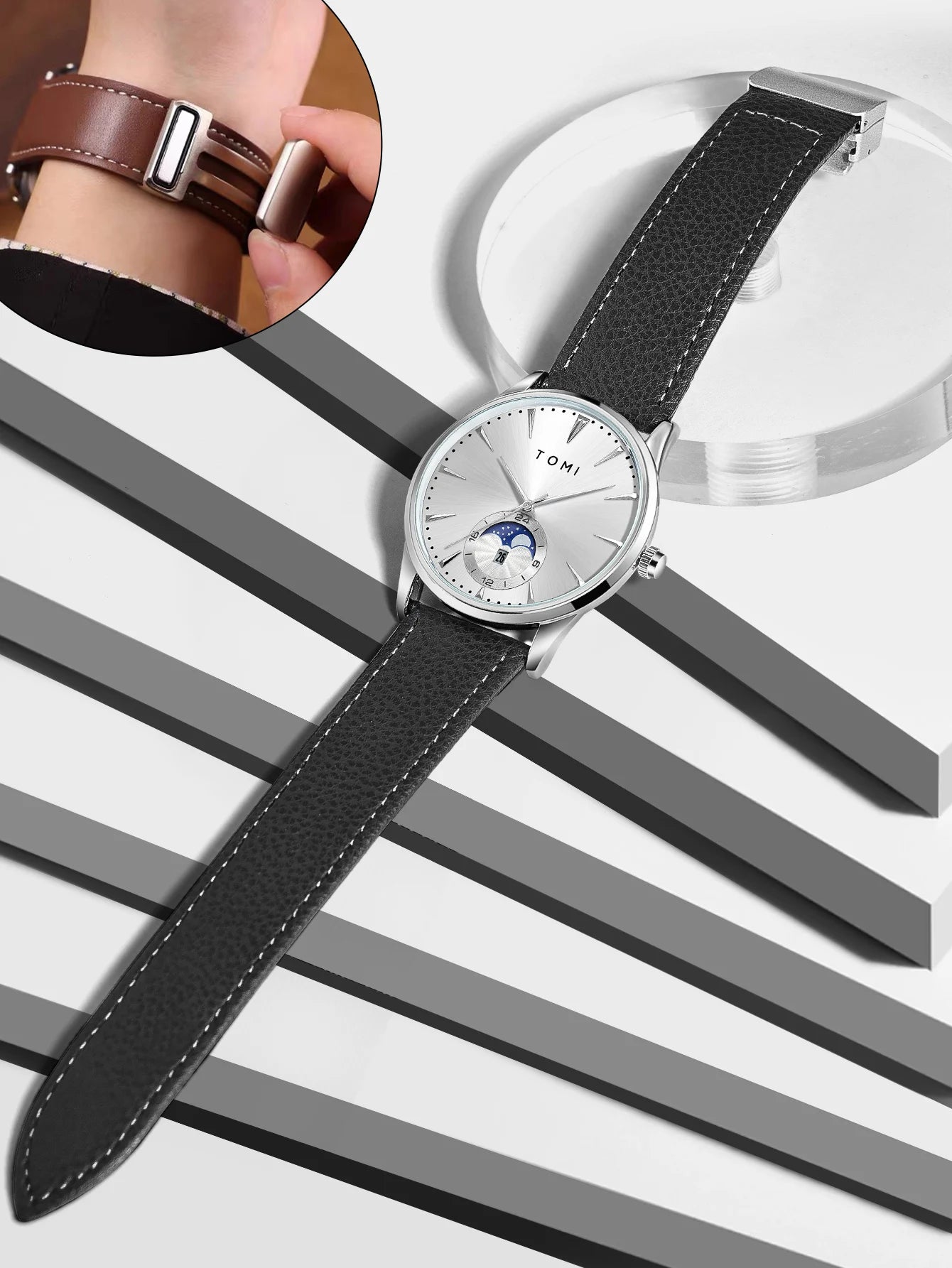 TOMI Homens Luxo Pulseira de Couro Relógio Negócios e Lazer Grande Mostrador Calendário Homens Relógio de Quartzo Relogio masculino