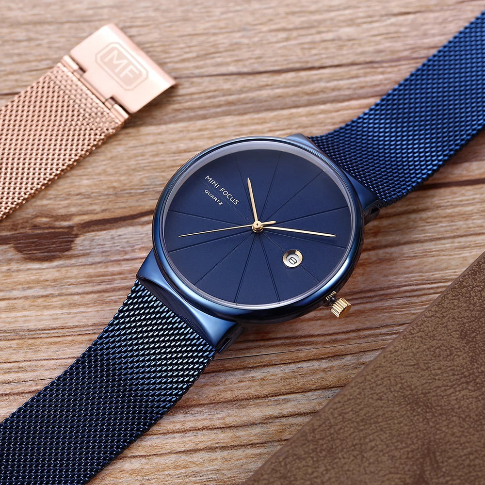 Mini foco minimalista relógios masculinos à prova dwaterproof água data relógio ultra fino malha de aço pulseira relógio de pulso relogio masculino 0176g