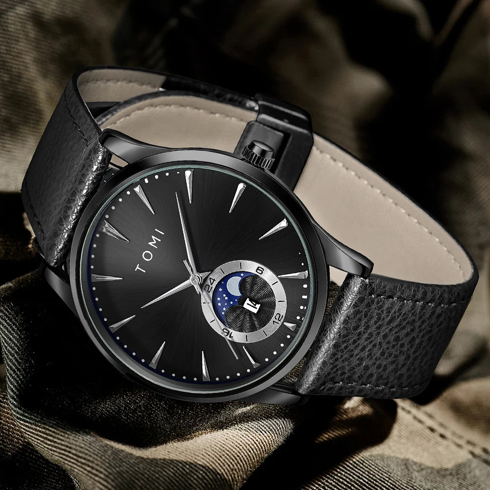 TOMI Homens Luxo Pulseira de Couro Relógio Negócios e Lazer Grande Mostrador Calendário Homens Relógio de Quartzo Relogio masculino