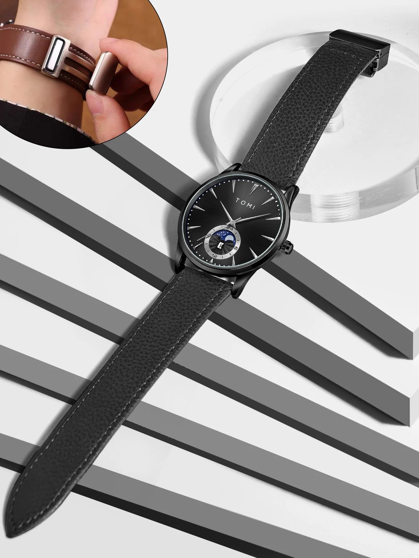 TOMI Homens Luxo Pulseira de Couro Relógio Negócios e Lazer Grande Mostrador Calendário Homens Relógio de Quartzo Relogio masculino