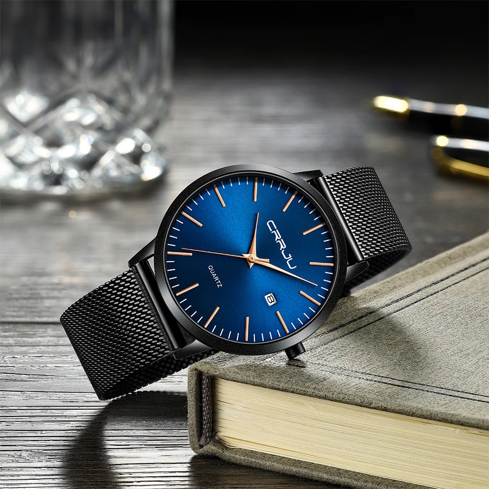 Crrju moda masculina relógios ultra fino relógio de quartzo masculino casual malha fina aço à prova dwaterproof água esporte relógio preto relogio masculino
