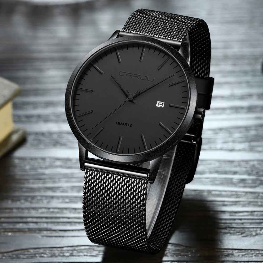 Crrju moda masculina relógios ultra fino relógio de quartzo masculino casual malha fina aço à prova dwaterproof água esporte relógio preto relogio masculino