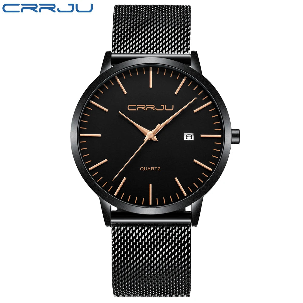 Crrju moda masculina relógios ultra fino relógio de quartzo masculino casual malha fina aço à prova dwaterproof água esporte relógio preto relogio masculino
