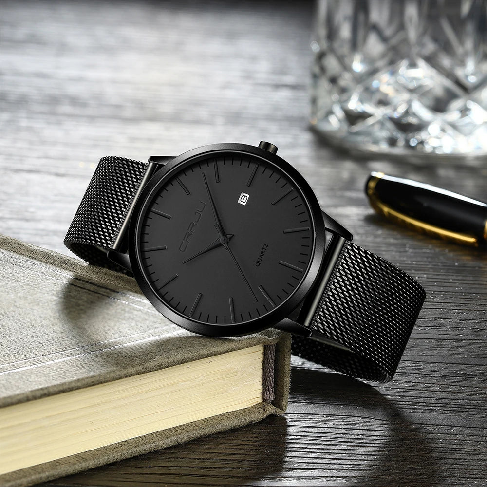 Crrju moda masculina relógios ultra fino relógio de quartzo masculino casual malha fina aço à prova dwaterproof água esporte relógio preto relogio masculino