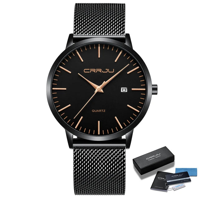 Crrju moda masculina relógios ultra fino relógio de quartzo masculino casual malha fina aço à prova dwaterproof água esporte relógio preto relogio masculino
