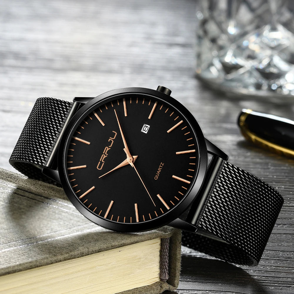 Crrju moda masculina relógios ultra fino relógio de quartzo masculino casual malha fina aço à prova dwaterproof água esporte relógio preto relogio masculino
