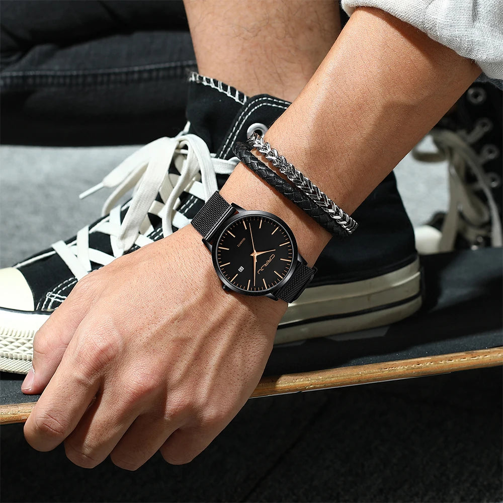 Crrju moda masculina relógios ultra fino relógio de quartzo masculino casual malha fina aço à prova dwaterproof água esporte relógio preto relogio masculino