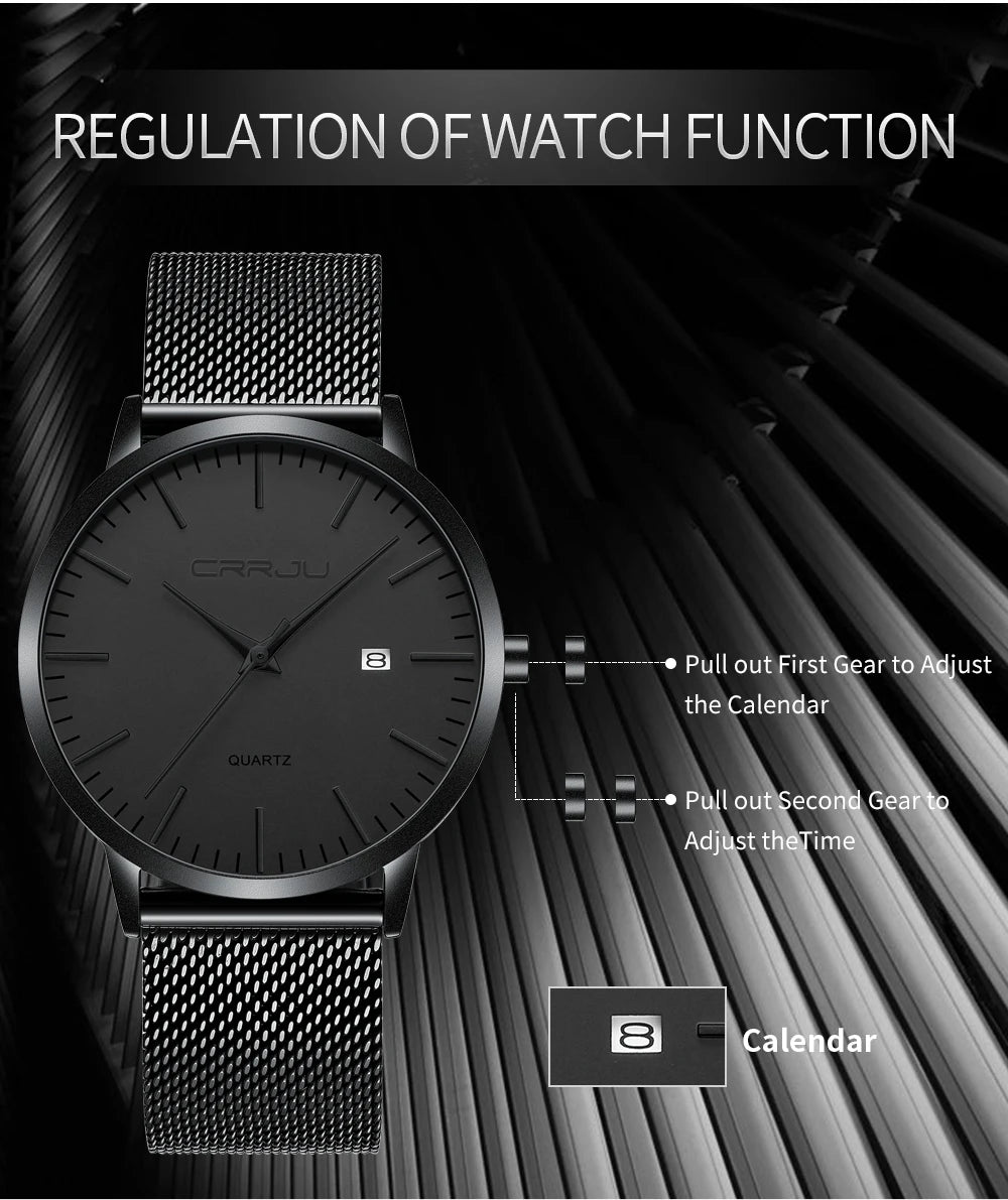 Crrju moda masculina relógios ultra fino relógio de quartzo masculino casual malha fina aço à prova dwaterproof água esporte relógio preto relogio masculino