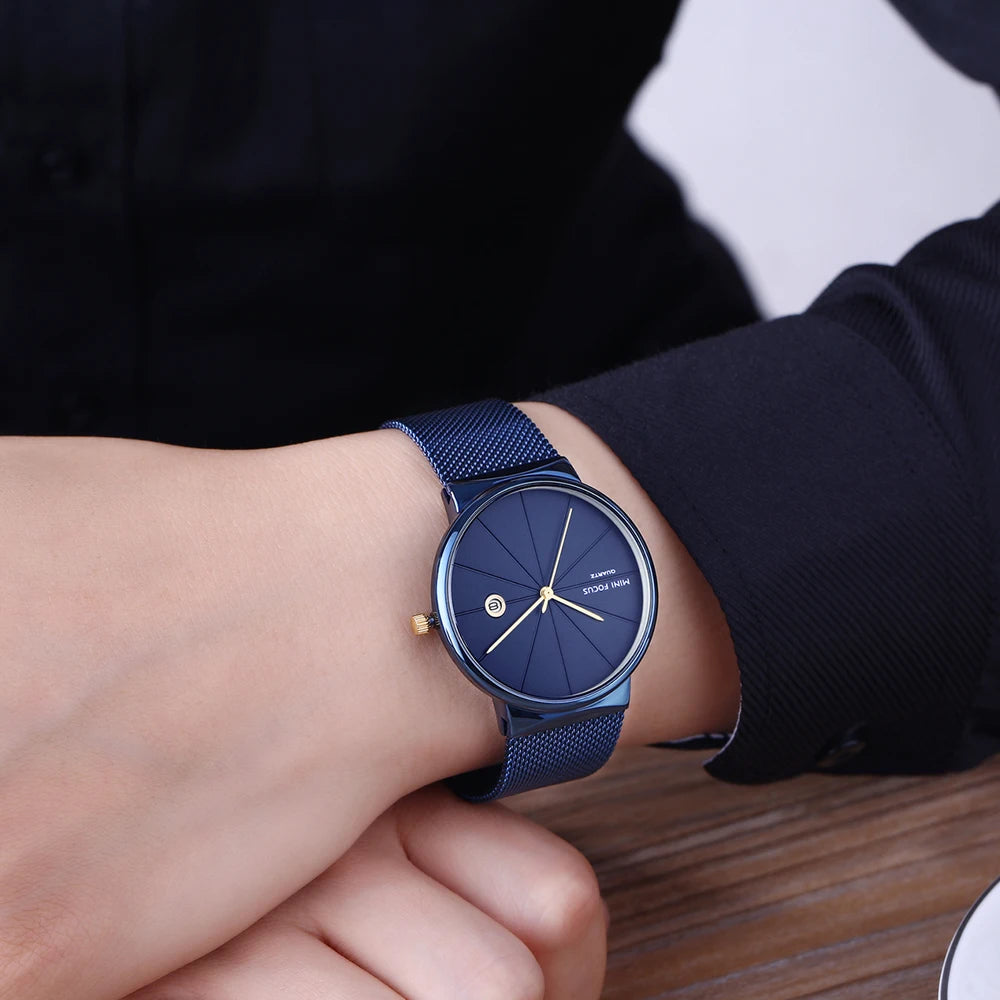 Mini foco minimalista relógios masculinos à prova dwaterproof água data relógio ultra fino malha de aço pulseira relógio de pulso relogio masculino 0176g