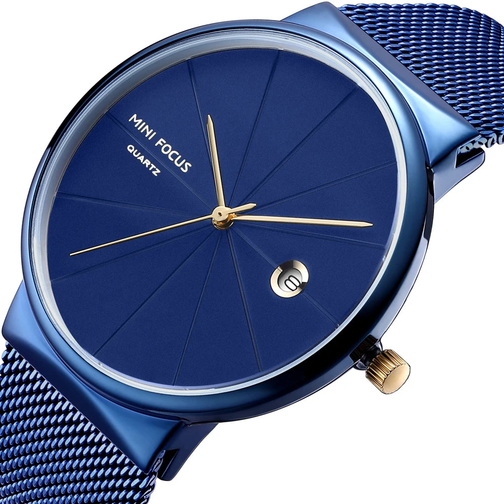 Mini foco minimalista relógios masculinos à prova dwaterproof água data relógio ultra fino malha de aço pulseira relógio de pulso relogio masculino 0176g